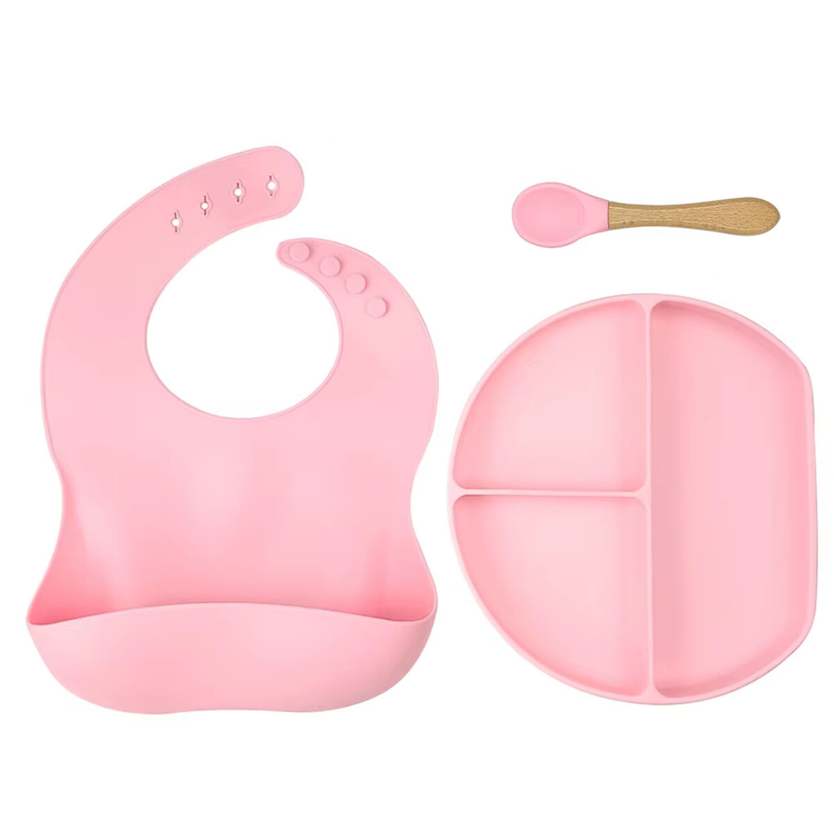 Set de Comida para Bebé con Babero Plato Cuchara en Silicona - Rosa 