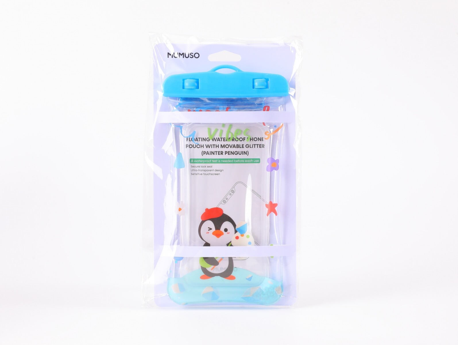 FUNDA ACUÁTICA IMPERMEABLE PARA TELÉFONO CON PURPURINA MÓVIL (PINGÜINO PINTOR) 