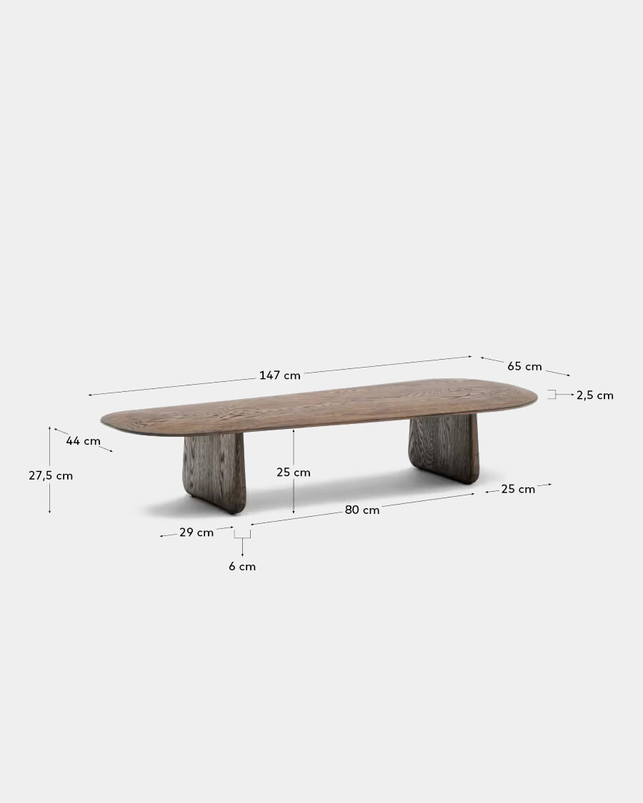 Mesa de centro Pirita de madera maciza de roble con acabado oscuro 146 x 56,5 cm
