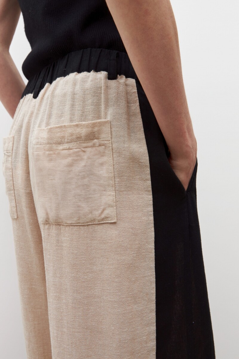 Pantalón ancho de lino bicolor con tajos negro