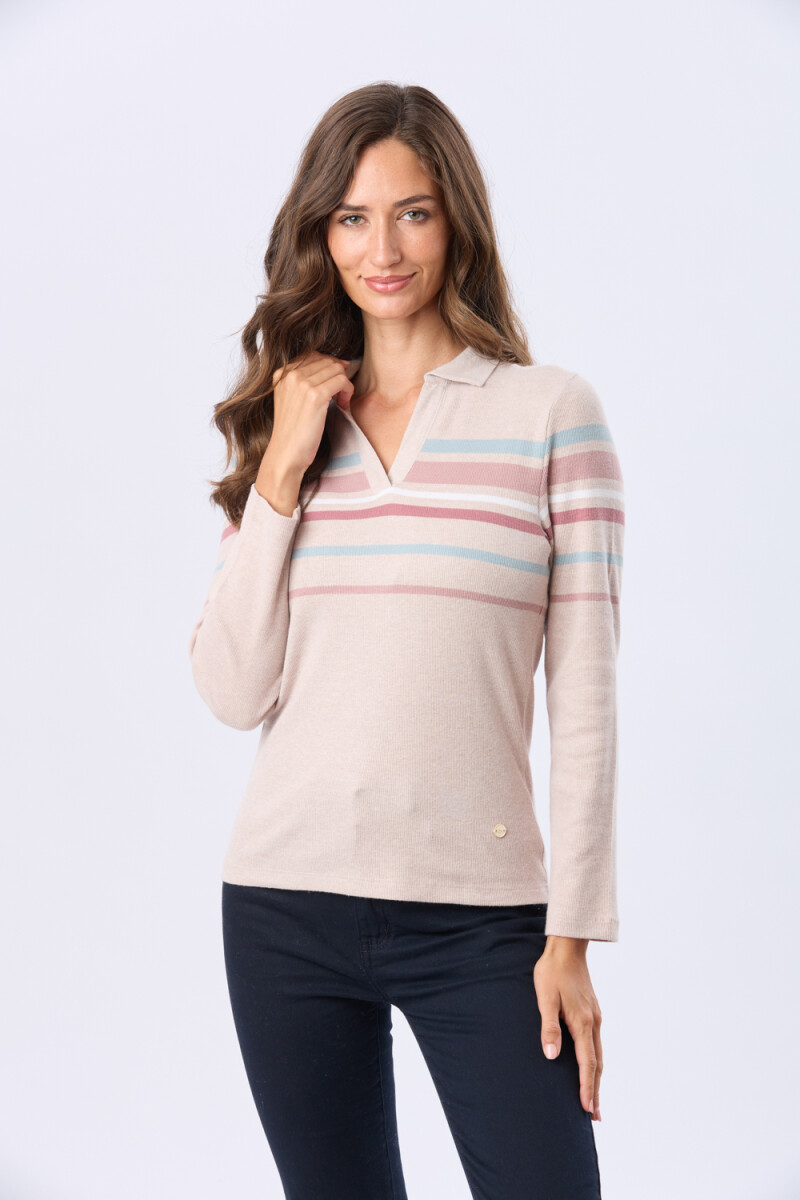 REMERA POLO RAYADA - Beige 