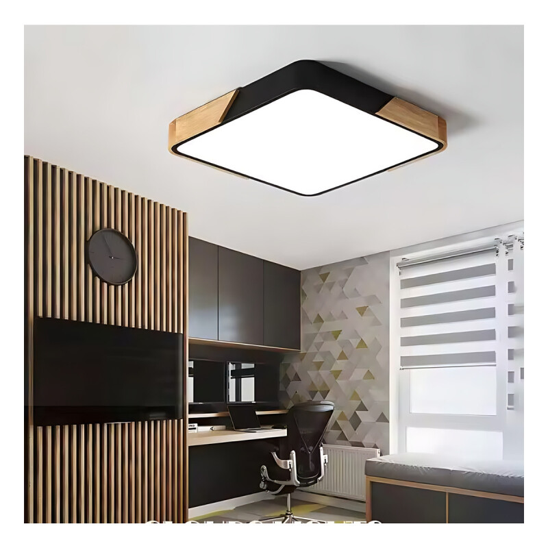 Luminaria Plafon Led Cuadrado 30cm Metal Y Madera Colores Negro