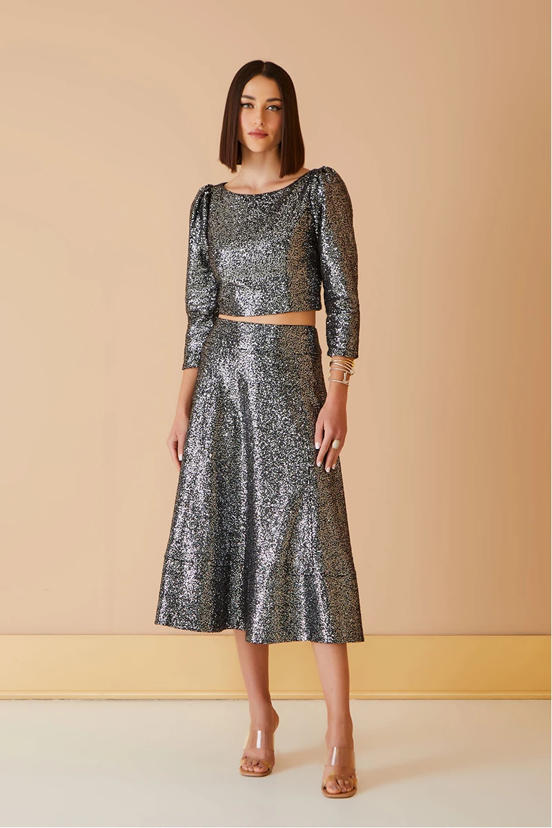Falda Midi Lentejuelas - Plateado 
