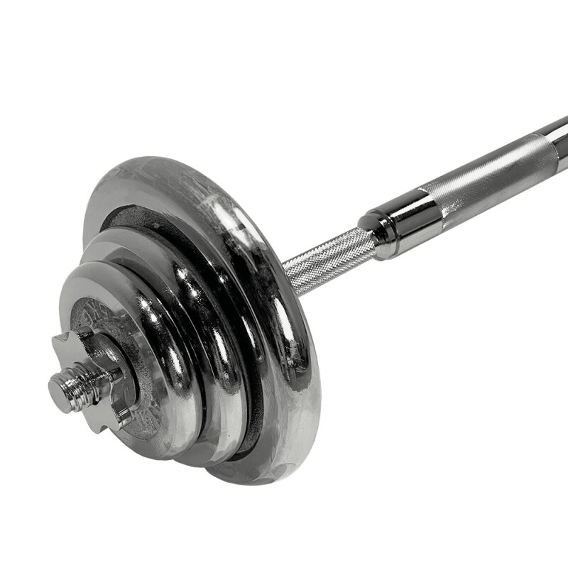 Set De Mancuernas Y Barra Cromadas con Valija Athletic 30Kg Plateado