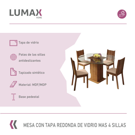Juego de comedor con mesa redonda de vidrio y 4 sillas rústicas Beige