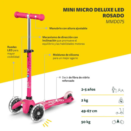 Monopatín Micro Mini Deluxe LED Ajustable con 3 Ruedas Rosa