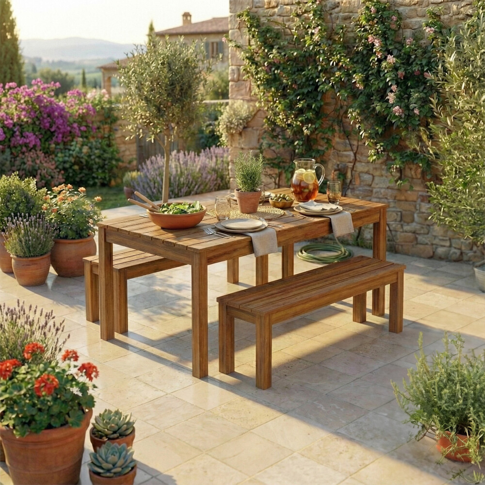 Juego de Patio en Madera de Teca Mesa 160 cm con 2 Bancos Juego de Patio en Madera de Teca Mesa 160 cm con 2 Bancos