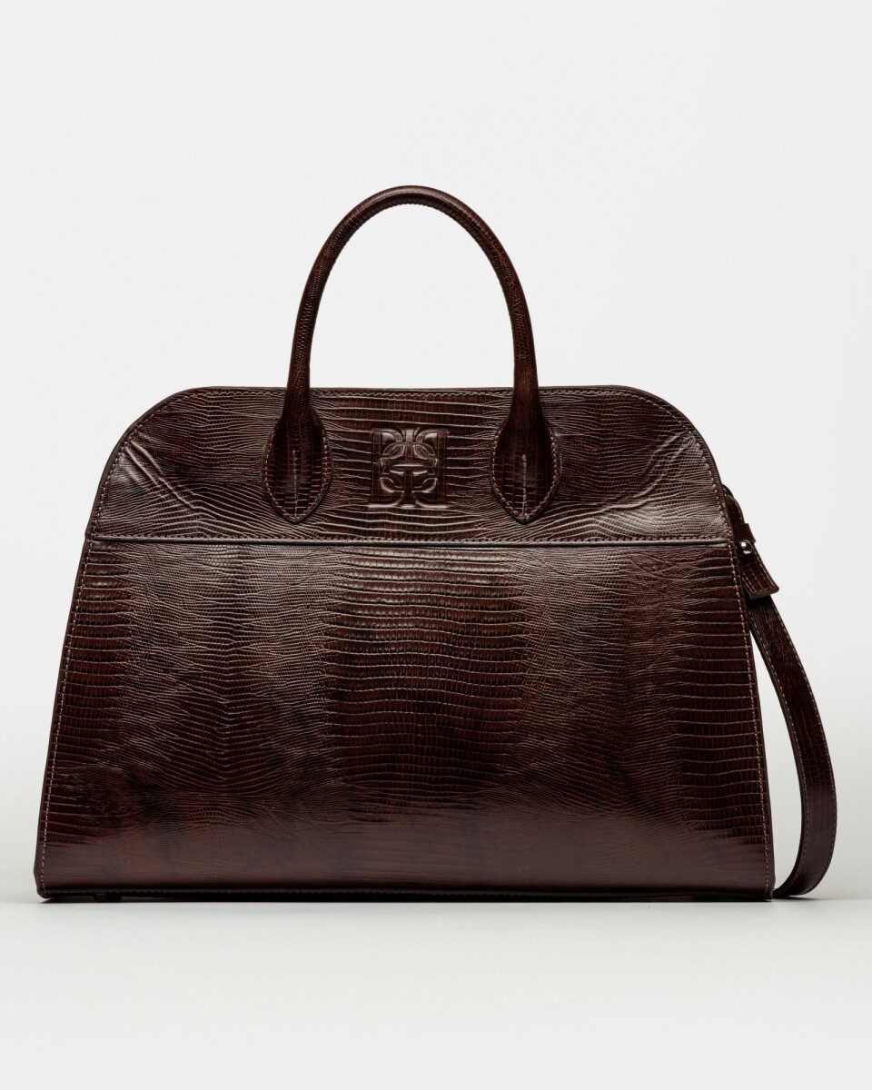 Cartera de Mano The Roots En Cuero Grabado Lagarto - Marron 