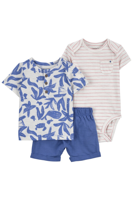 Set tres piezas de algodón, short, remera henley y body Set tres piezas de algodón, short, remera henley y body