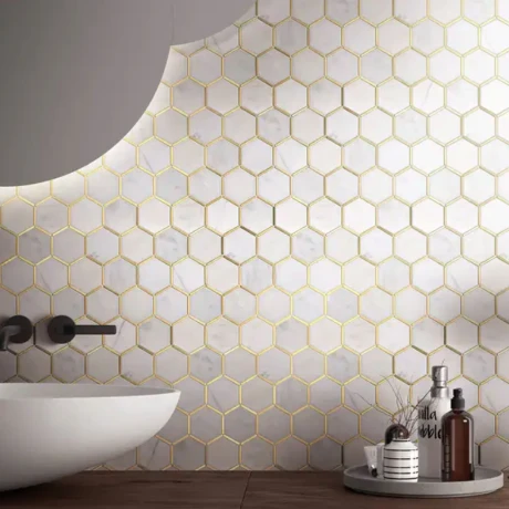 Mosaico Hexagonal Vidrio 28X41 Marmolado Con Bordes Dorados 000