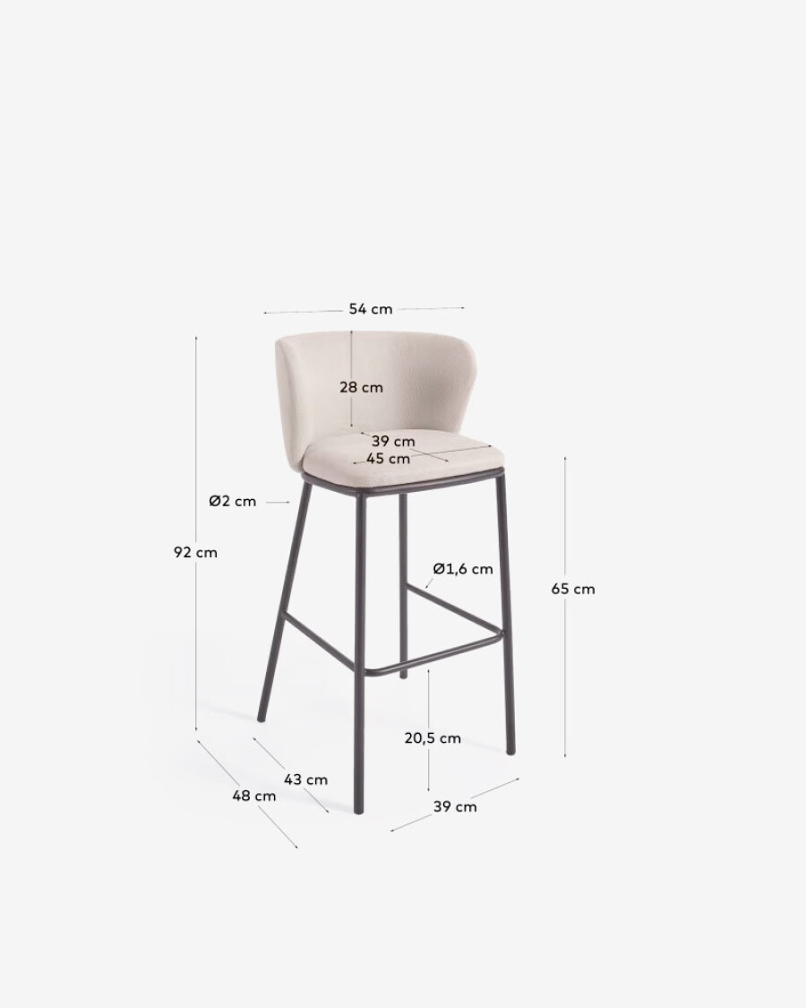 Taburete Ciselia de chenilla beige y patas de acero con acabado negro altura 65 cm