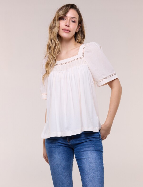 Blusa Holgada Escote Cuadrado Con Puntilla Calada BEIGE CLARO
