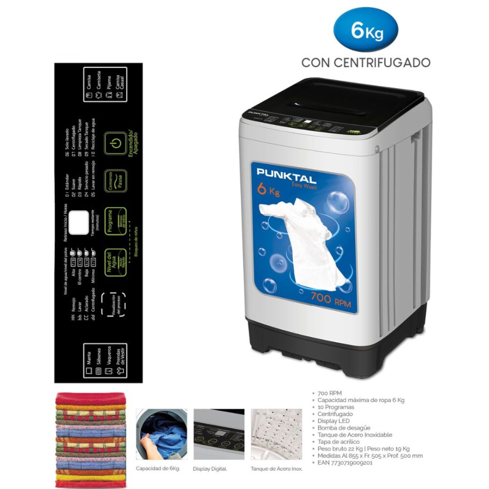 Lavarropas Carga Superior - 6Kg 700RPM con Display LED - Punktal Lavarropas Carga Superior - 6Kg 700RPM con Display LED - Punktal