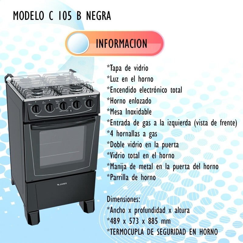 Cocina James C 105 B Negra Gas Js Ltda Color Negro Tipo de conexión Gas envasado Cocina James C 105 B Negra Gas Js Ltda Color Negro Tipo De Conexión Gas Envasado