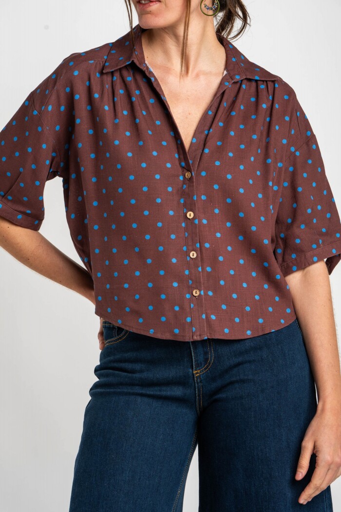 Blusa Con Lino Print Lunares Chocolate