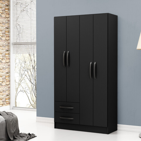 Ropero Negro 4 puertas 2 cajones con estantes y perchero 172x90x35 cm Interior Natural Ropero Negro 4 puertas 2 cajones con estantes y perchero 172x90x35 cm Interior Natural