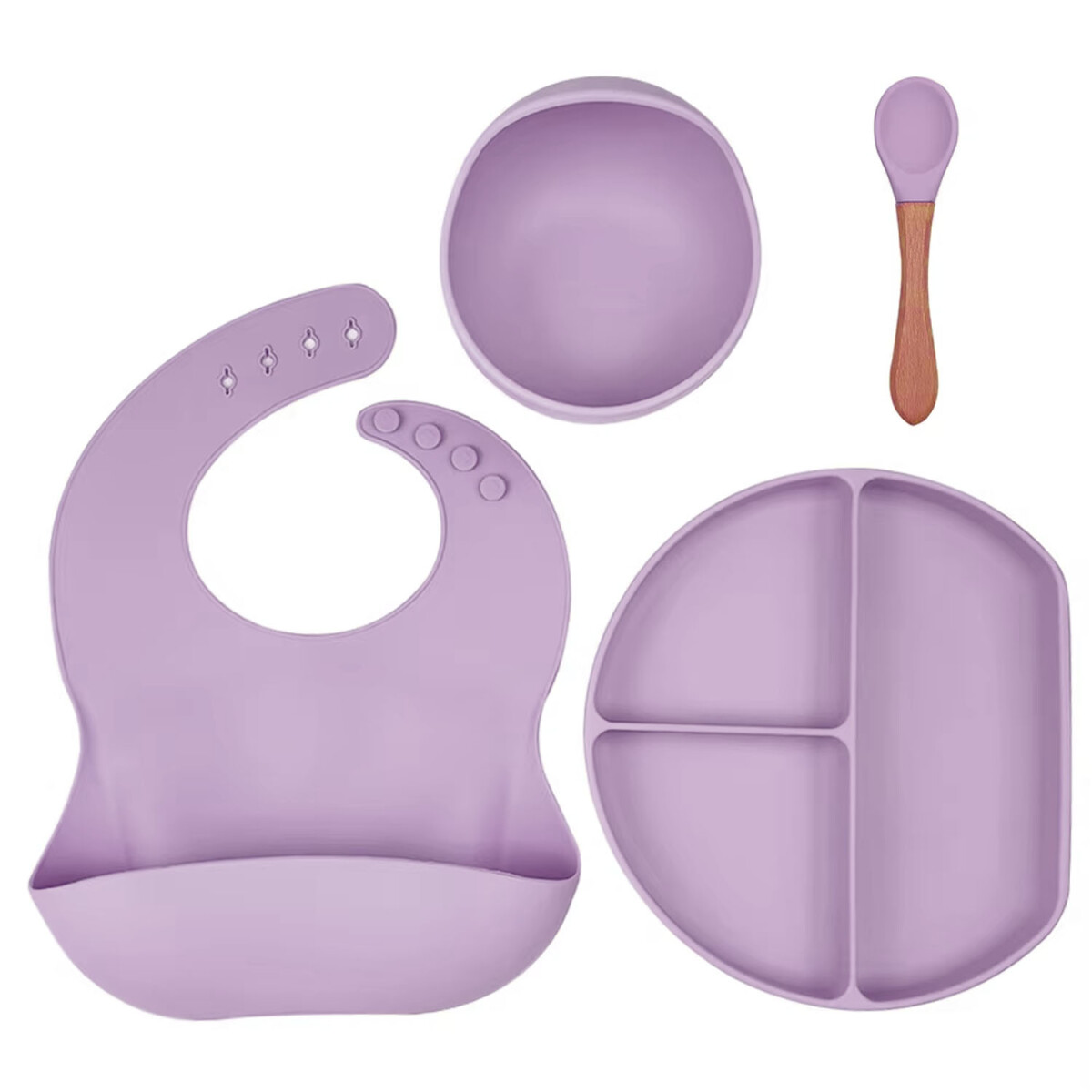 Set de Comida Bebé con Babero Plato Bowl Cuchara en Silicona - Lila 