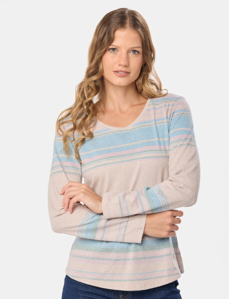REMERA RAYADA MANGA LARGA Beige