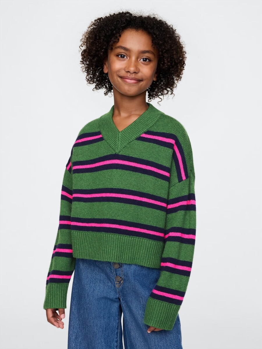Buzo Cashsoft Cuello V Niña - Green Stripe 