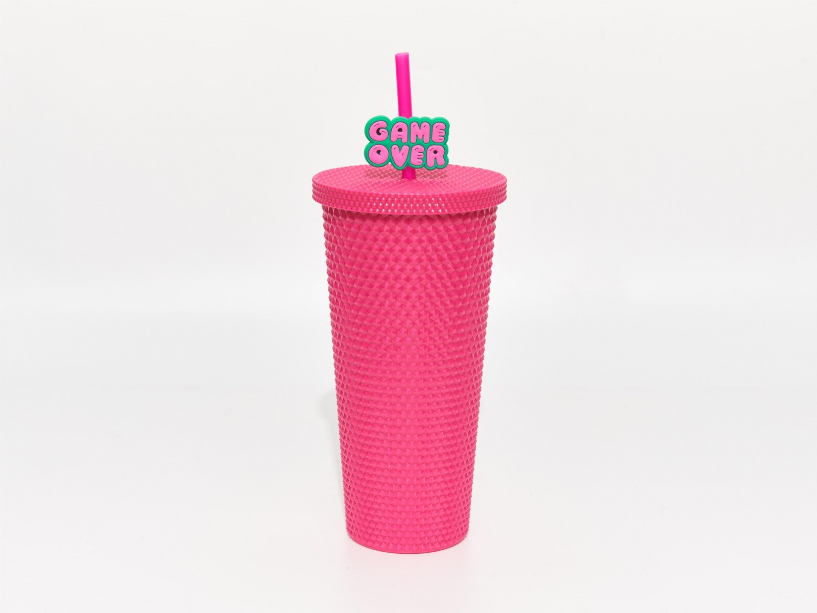 VASO TACHUELAS CON TAPA Y PAJA (700 ML/ROSA ROJA) 