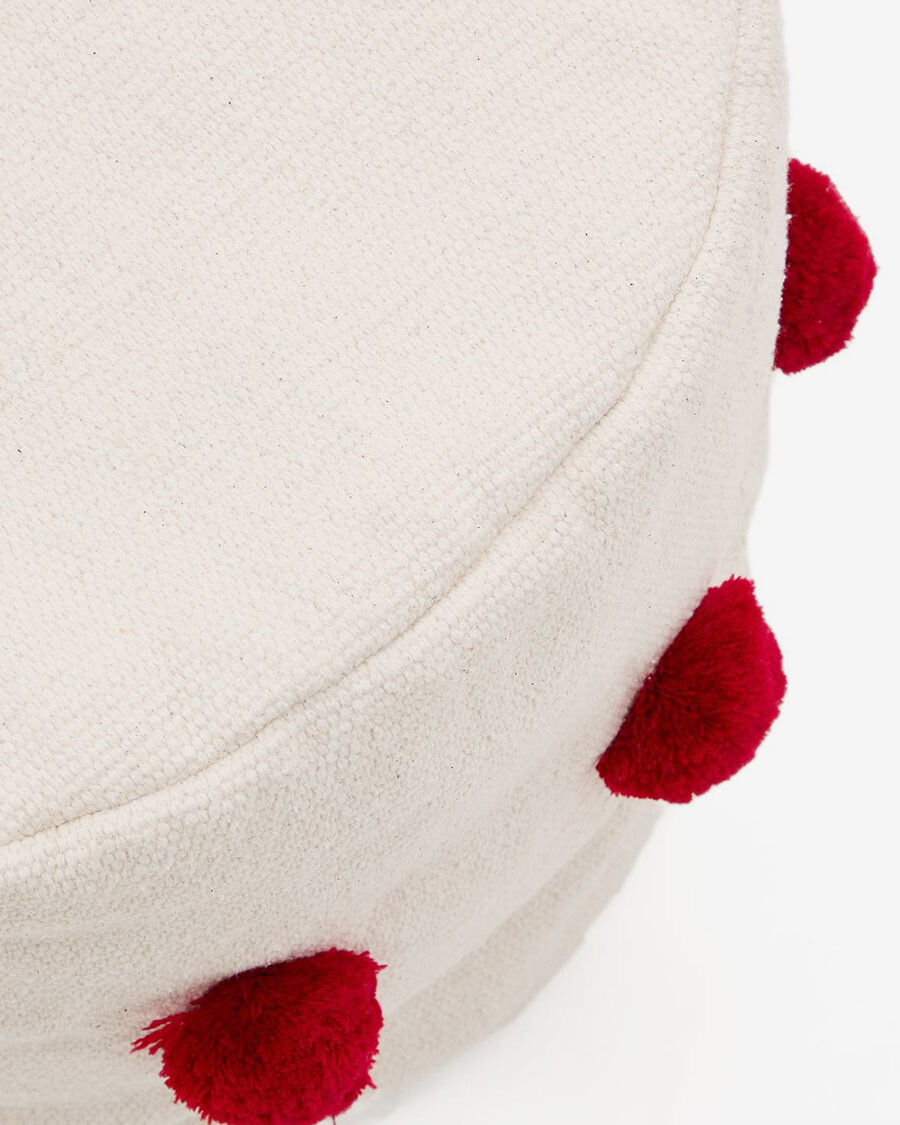 Puf Manua de algodón beige con borlas rojo Ø 40 cm