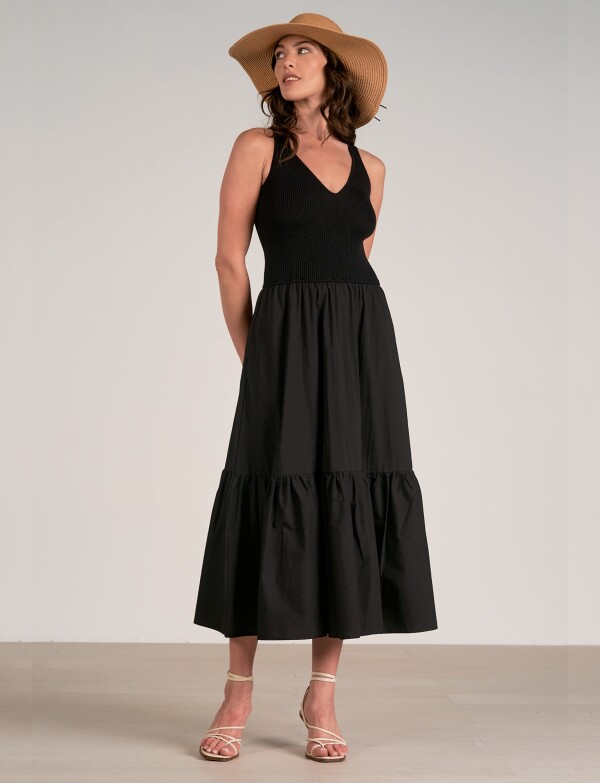 Vestido Bicolor De Punto Acanalado Y Falda Fluida NEGRO
