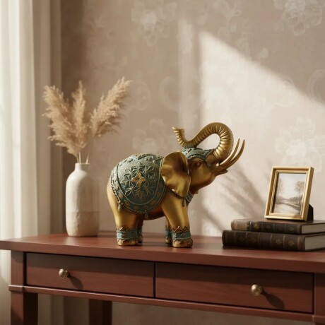 Elefante Decorativo Oro y Turquesa Trompa Arriba Elefante Decorativo Oro y Turquesa Trompa Arriba