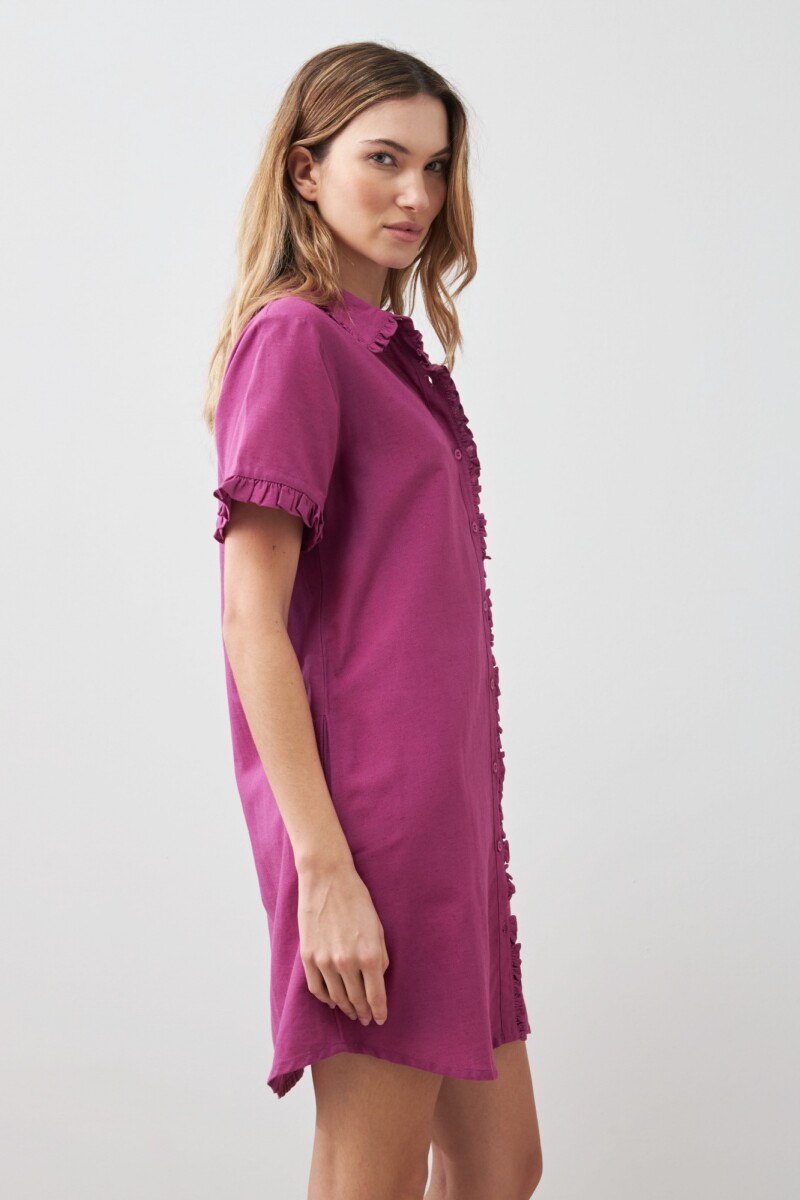 Vestido camisero con volados fucsia