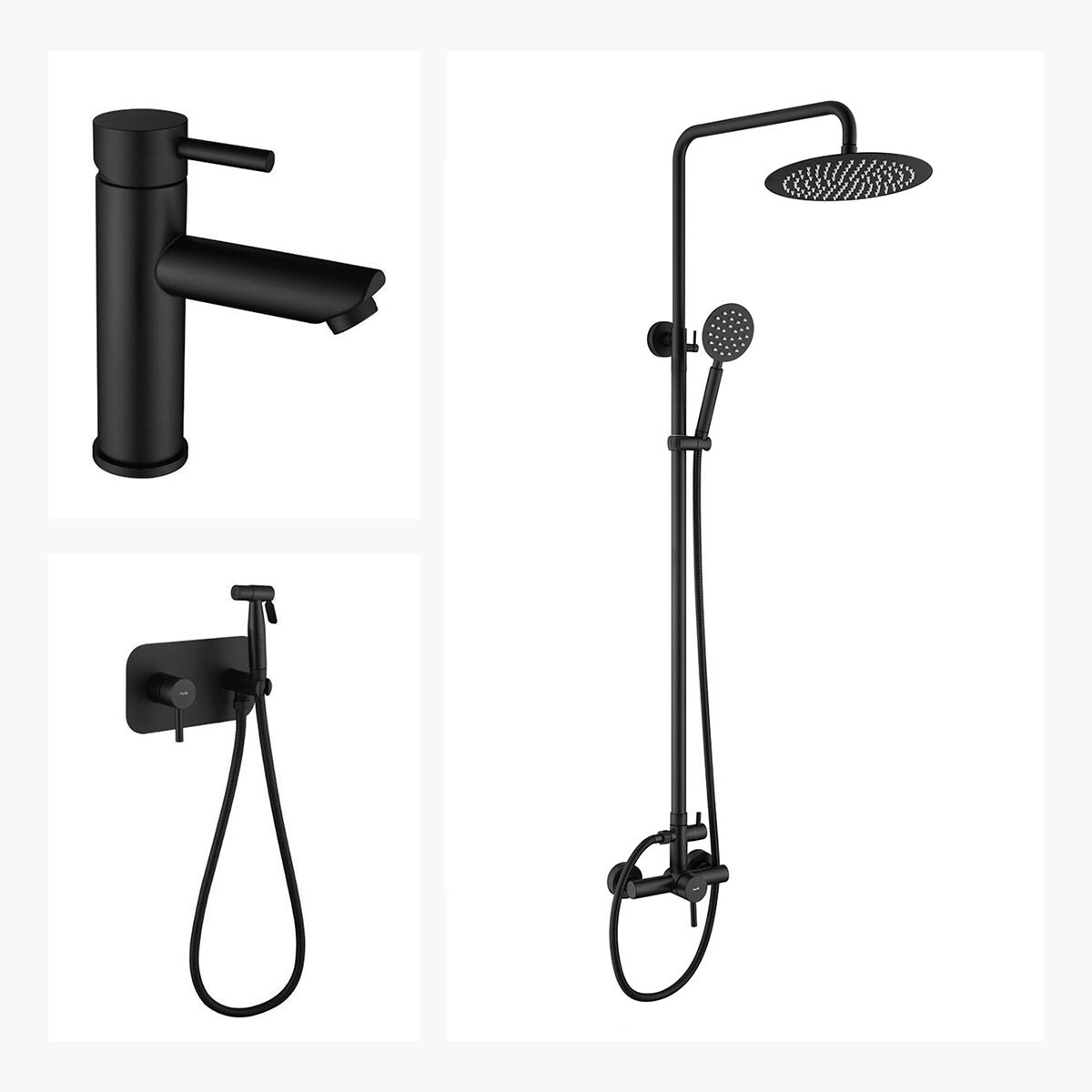 Juego De Griferia Negro Barral De Ducha Lavatorio Bajo Y Ducha Higienica 