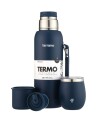 Kit Termo 1Lt Con Base De Silicona + Mate De Acero Con Tapa Azul Opaco