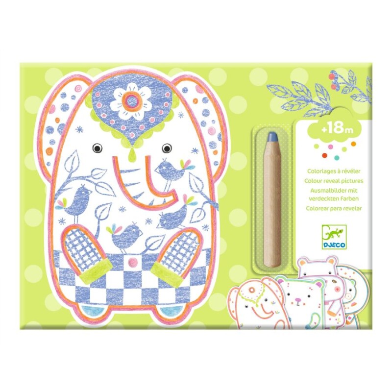 DJ0006 Laminas Para Colorear X12 Un. Con 1 Lapiz Magico Djeco - Elefante