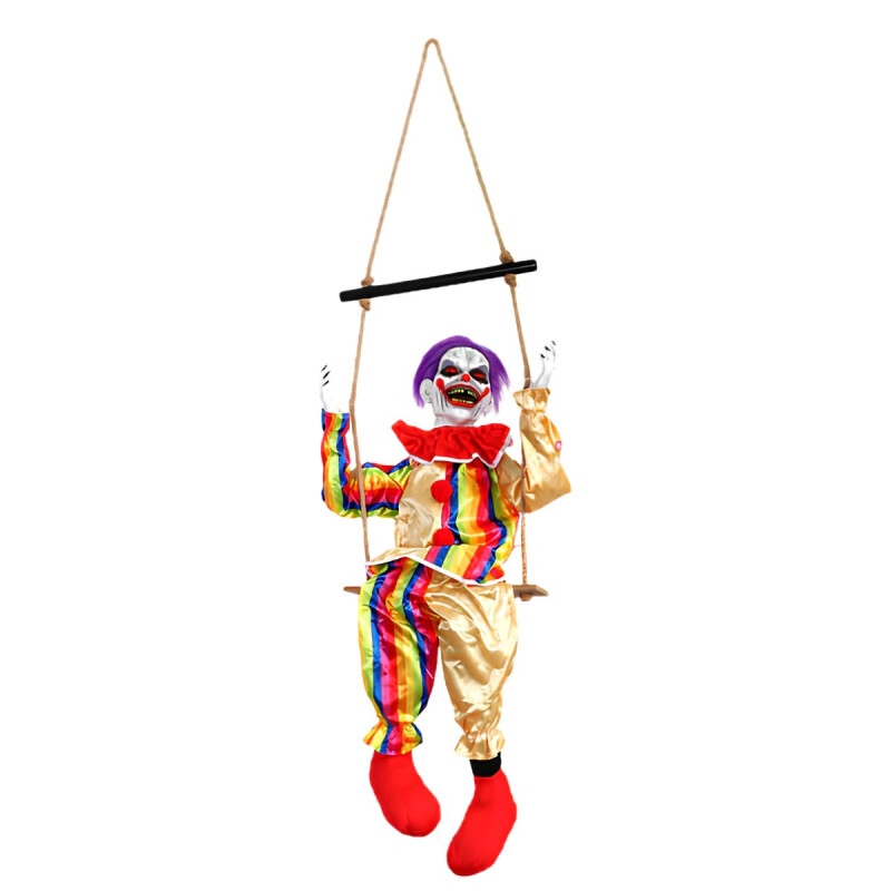 Payaso Colgante en Columpio con luces movimiento y sonido – Decoración de Halloween Payaso Colgante en Columpio con luces movimiento y sonido – Decoración de Halloween