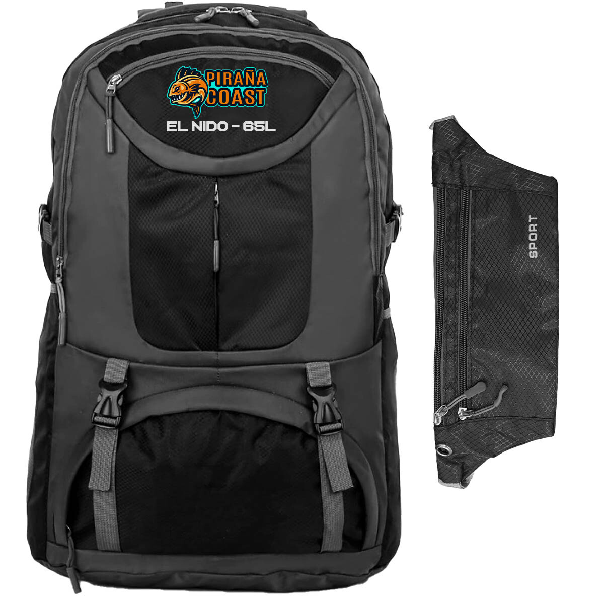 Mochila Camping El Nido 65 L + Riñonera Trekking - Negro 