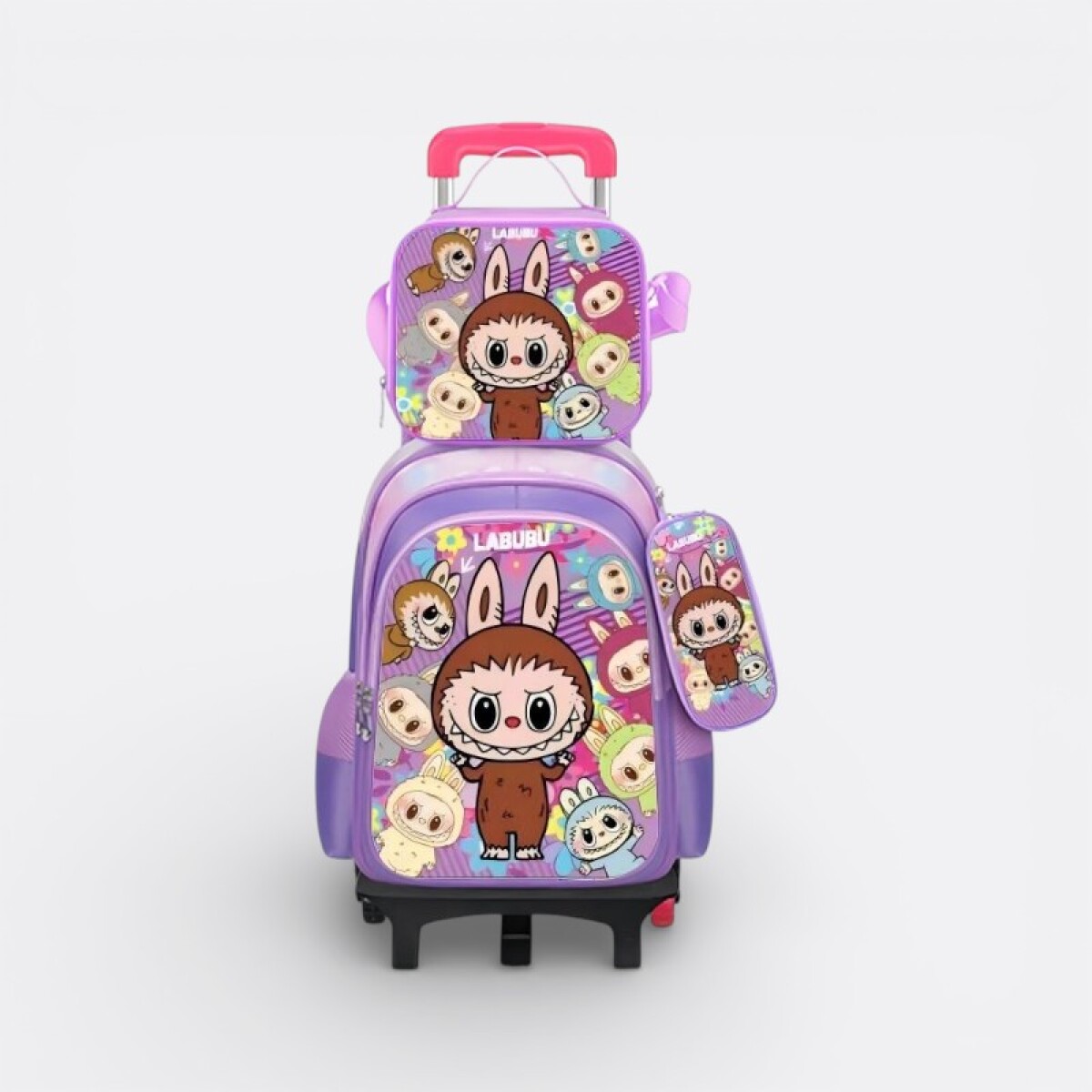 Mochila Escolar Con Carrito + Lonchera + Cartuchera - Labubu Lila 
