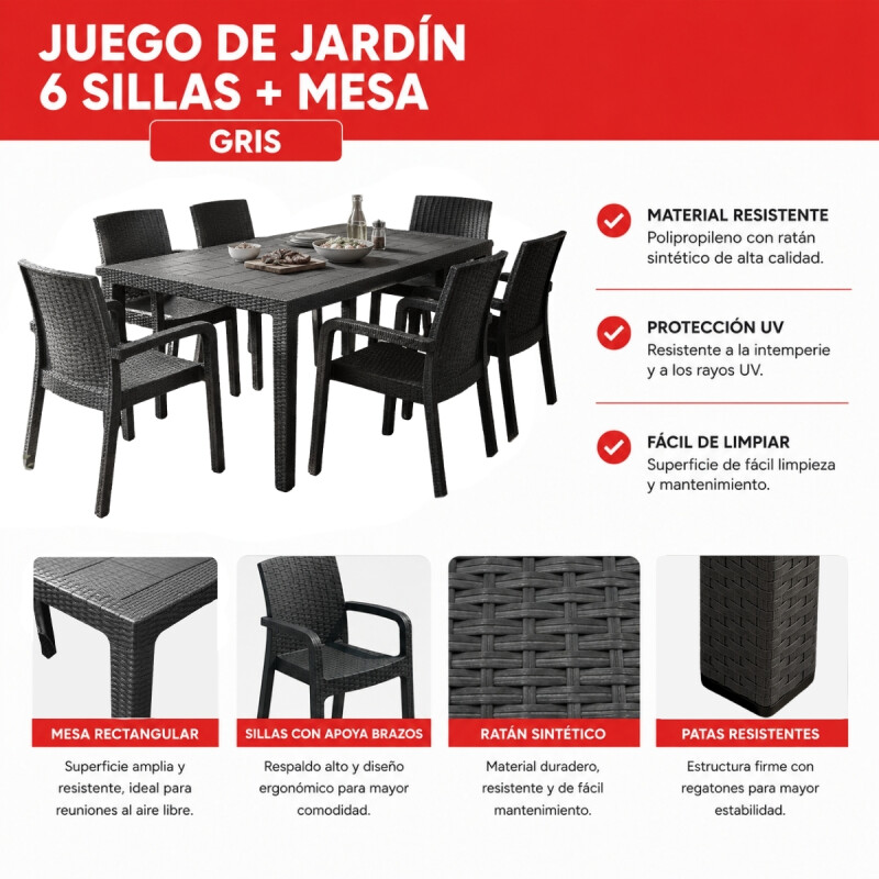 Juego de Jardín 6 Sillas + Mesa GRIS