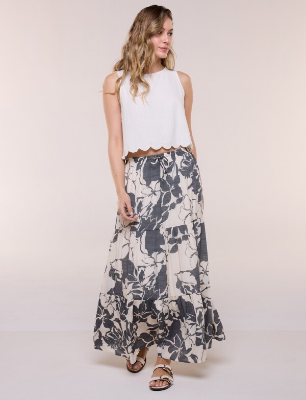 Falda Floral Con Volados Escalonados NEGRO/BEIGE