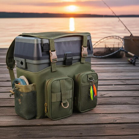 Mochila De Pesca 4En1 Mult Bolsillos Caja Plást C/Divisiones Verde