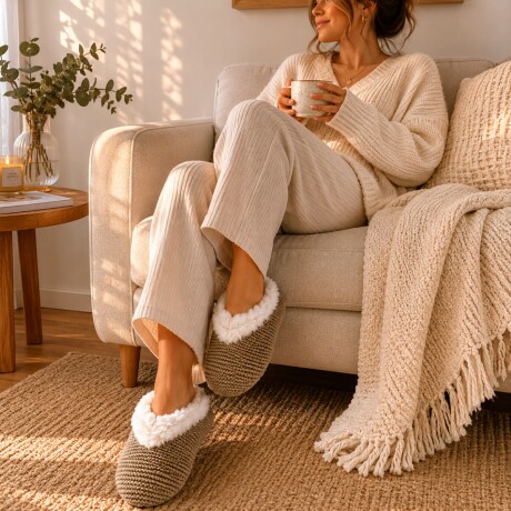 Pantuflas tejidas con corderito Marron