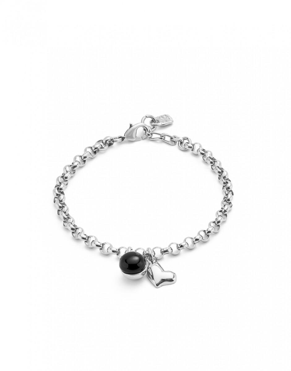 PULSERA CADENA EN ALEACIÓN DE METALES BAÑADAS EN PLATA DE LEY CON CHARM CORAZON Y MURANO NEGRO - Pulsera 
