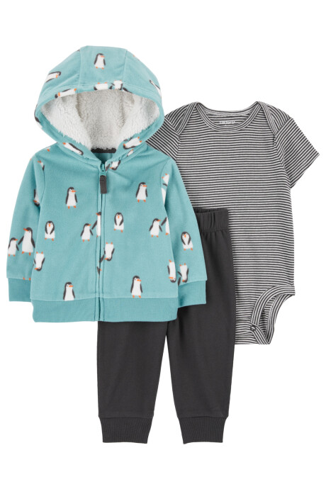 Set tres piezas, campera de micropolar, capucha forrada en sherpa, pantalón y body de algodón Sin color
