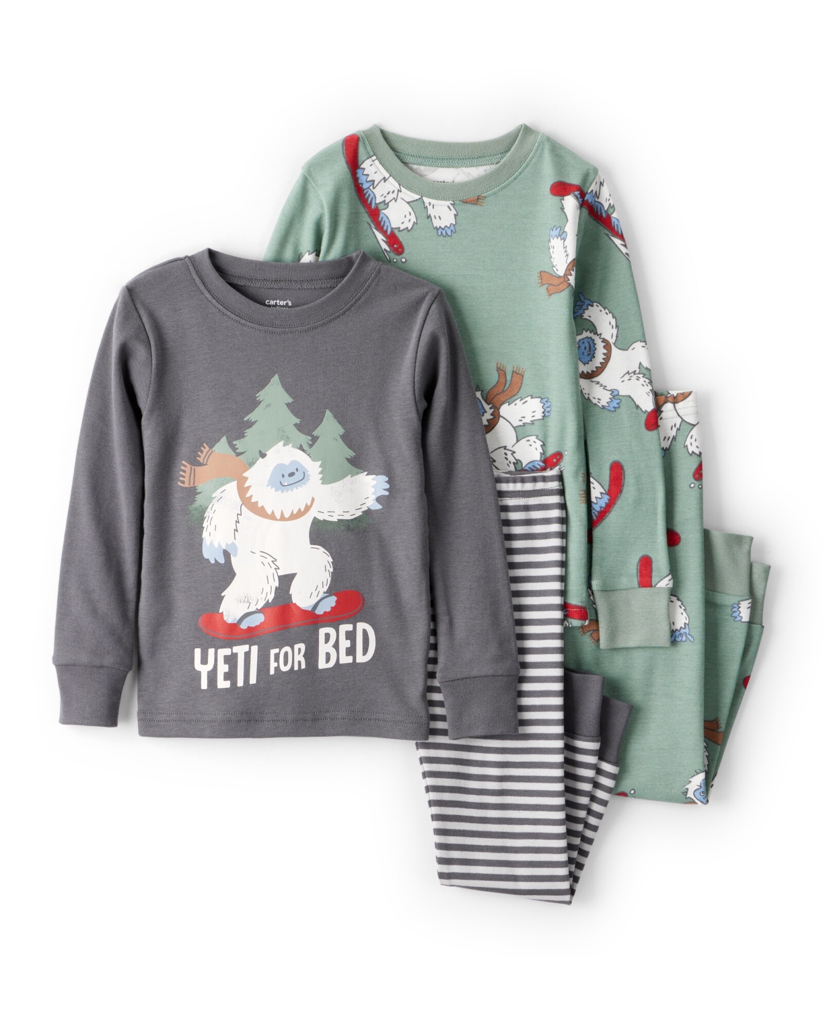 Pijama cuatro piezas de algodón, dos remeras manga larga y dos pantalones, diseño Yeti Sin color