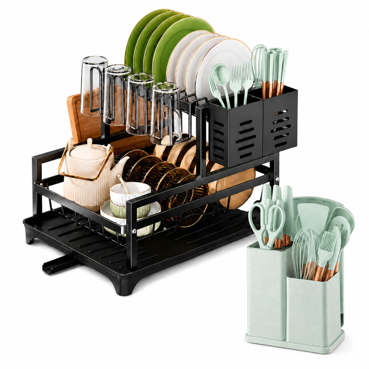 Set Utensilios Cocina 19Pz + Escurridor 2Niv Drenaje Autom - Verde Claro 