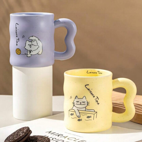 Taza de cerámica ondeada gatito Amarillo