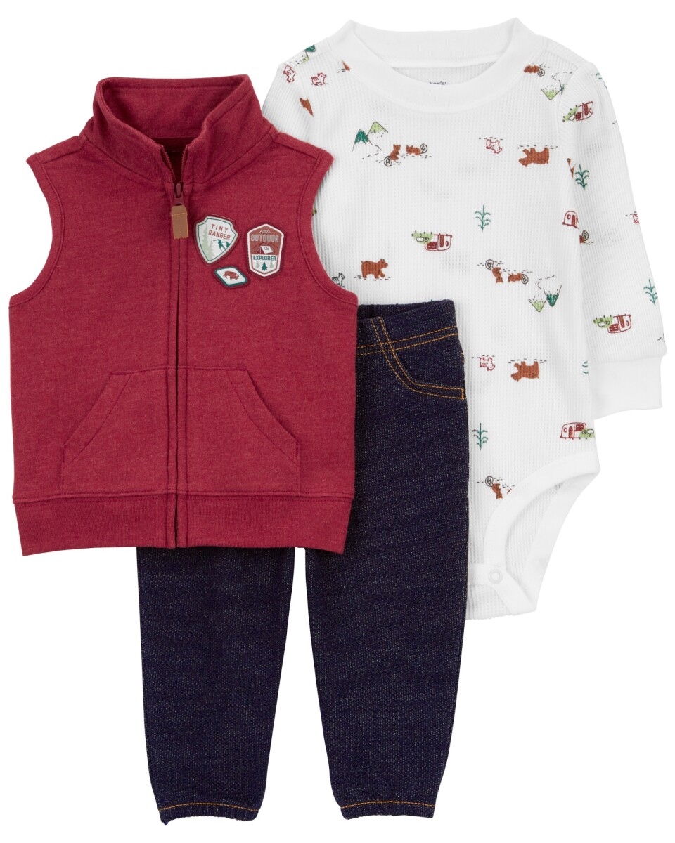 Set tres piezas de algodón, chaleco, pantalón y body, diseño explorador 