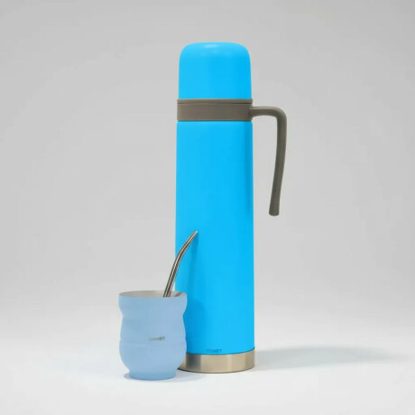 Set Termo 750ml con manija +mate 140ml +bombilla regalo Celeste