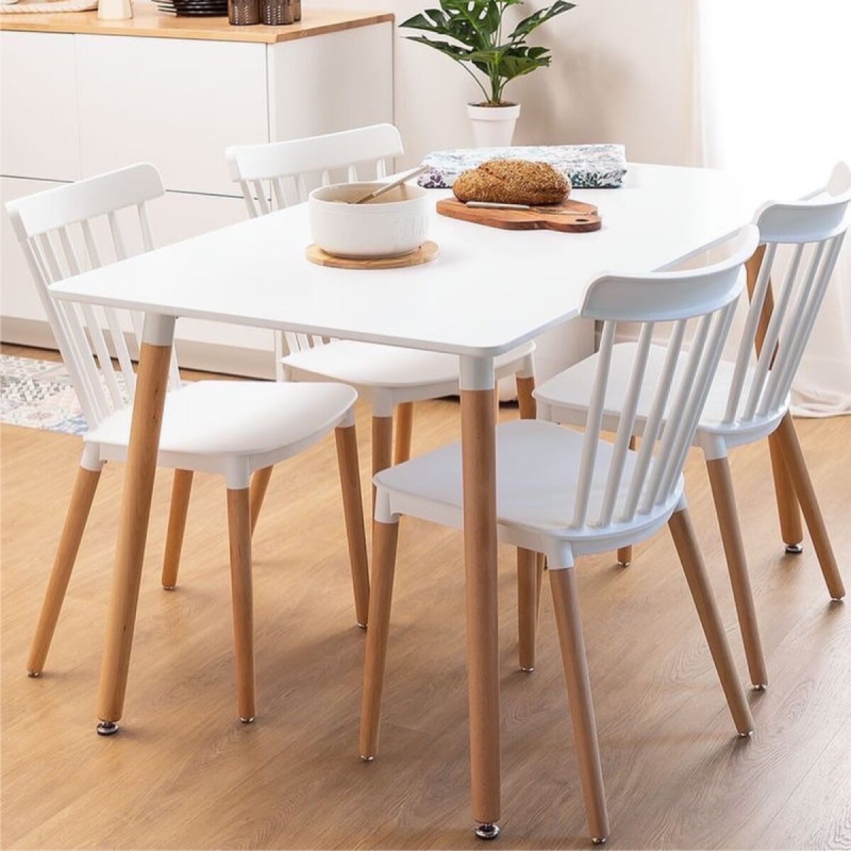 Juego de Comedor de 4 Sillas Windsor Nórdico con Mesa Eames Rectangular Patas de Madera 