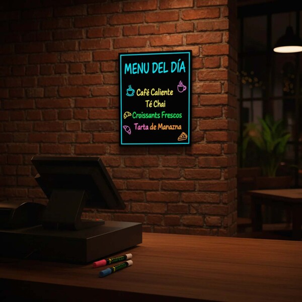 Cartel Pizarra LED 40x30cm Luces Colores + Marcadores Neón Color Negro