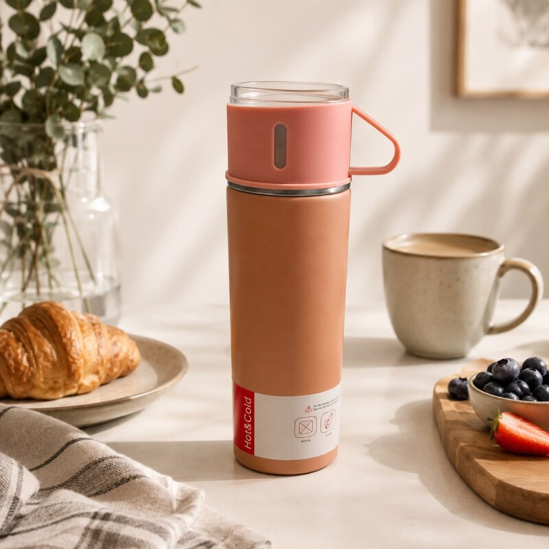 Termo con Taza en Acero Inoxidable 500ml - Rosado Termo con Taza en Acero Inoxidable 500ml - Rosado