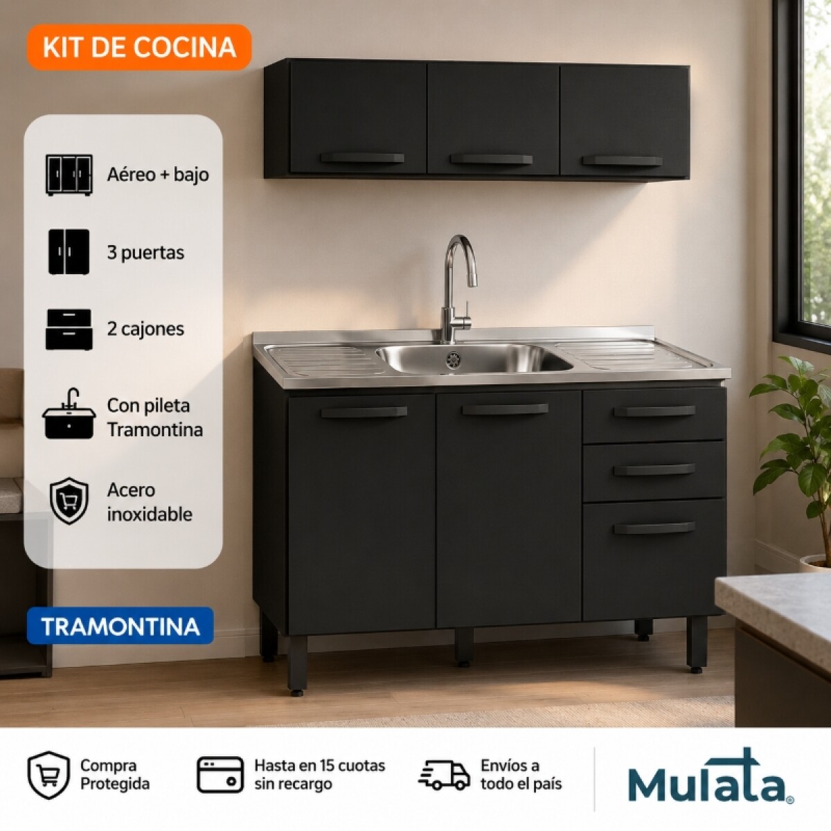 Kit de Cocina Bajo Mesada 3 Puertas y 2 Cajones con Pileta Central Tramontina Acero Inox Y Areo 3 Puertas - Negro 