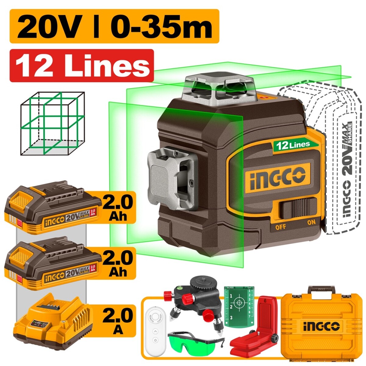 NIVEL LASER AUTONIVELANTE 3D VERDE A BATERIA 20V P20S 35MTS 